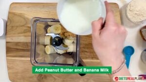 3000 calorie shake - step2 - Add the banana milk and peanut butter, then mix them for 10 seconds