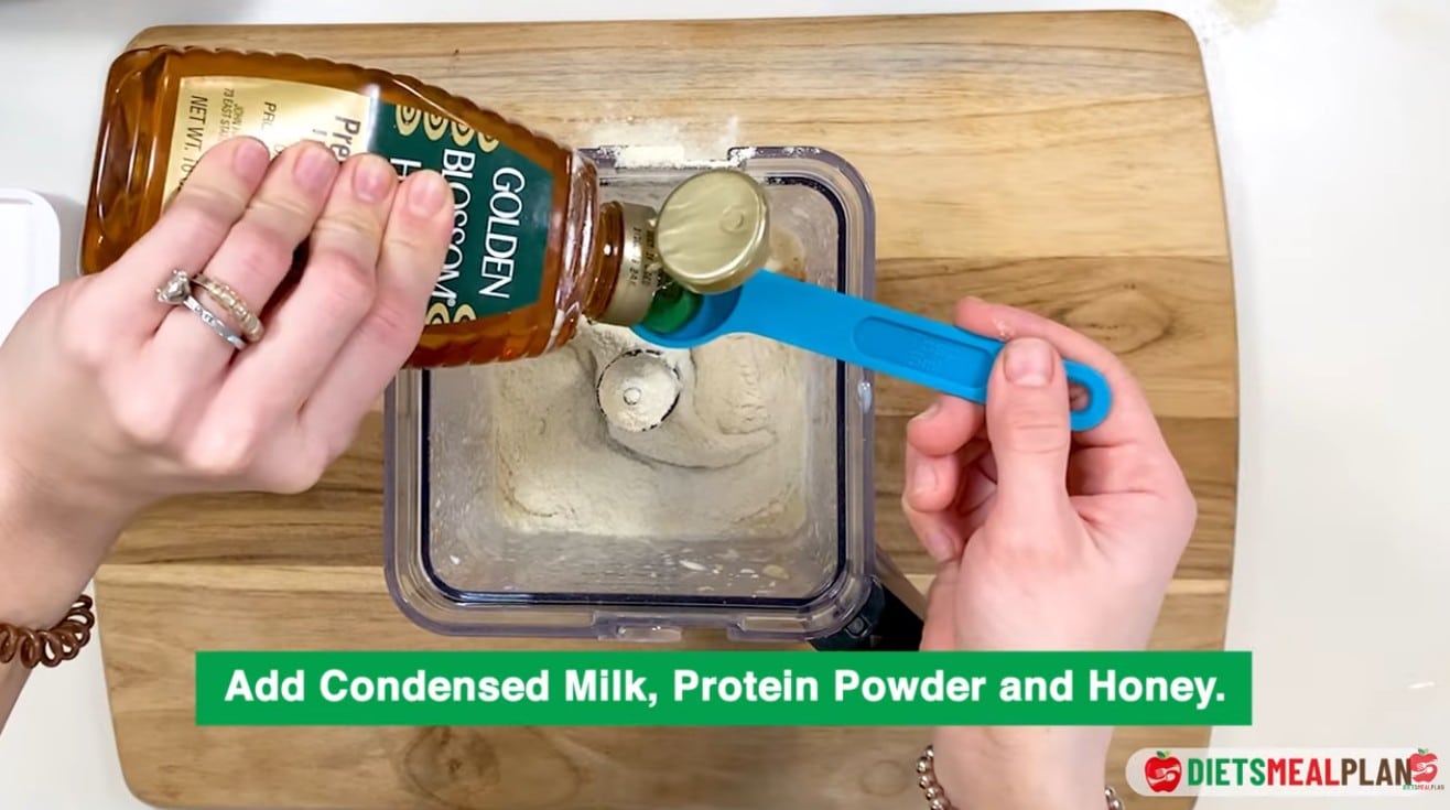 step3 - Add condensed milk, protein powder and honey