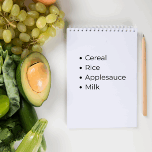 Visual guide to the BRAT diet including bananas, rice, applesauce, and toast.