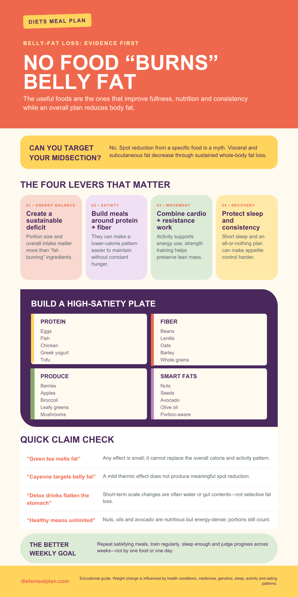 Belly fat food guide infographic: no food burns belly fat; the four levers that matter and a high-satiety plate