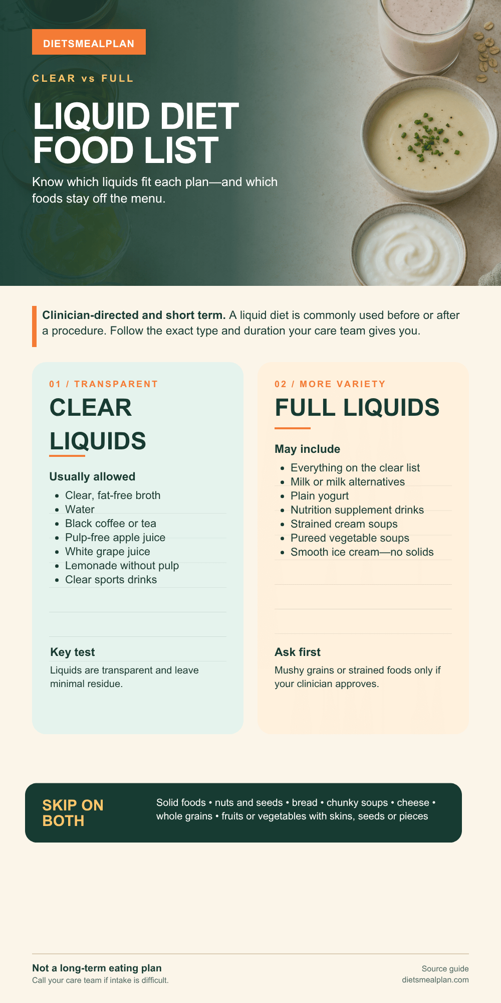 Full Liquid Diet Menu List (Printable PDF) Full liquid diet food list infographic: what you can have on a full liquid diet, what to avoid and how it differs from clear liquids