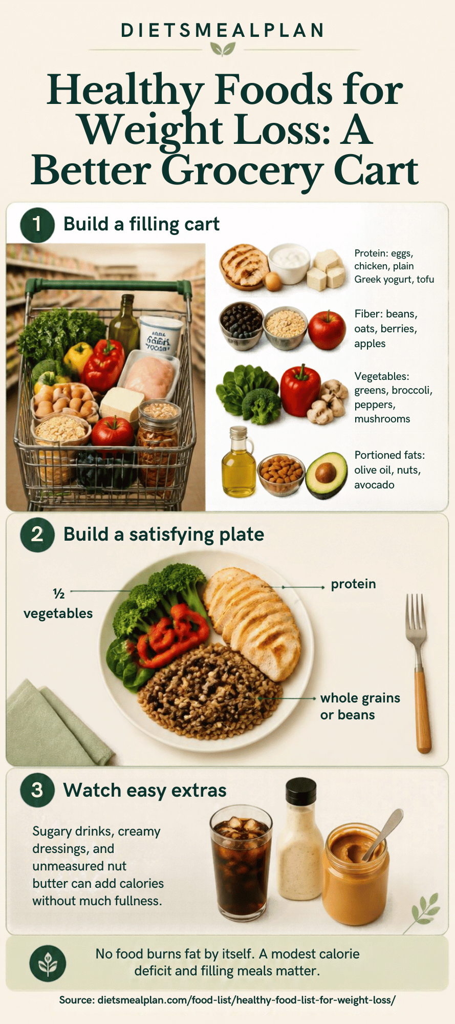 Healthy foods for weight loss infographic: a grocery cart built on protein, fiber, low calorie density and minimally processed foods