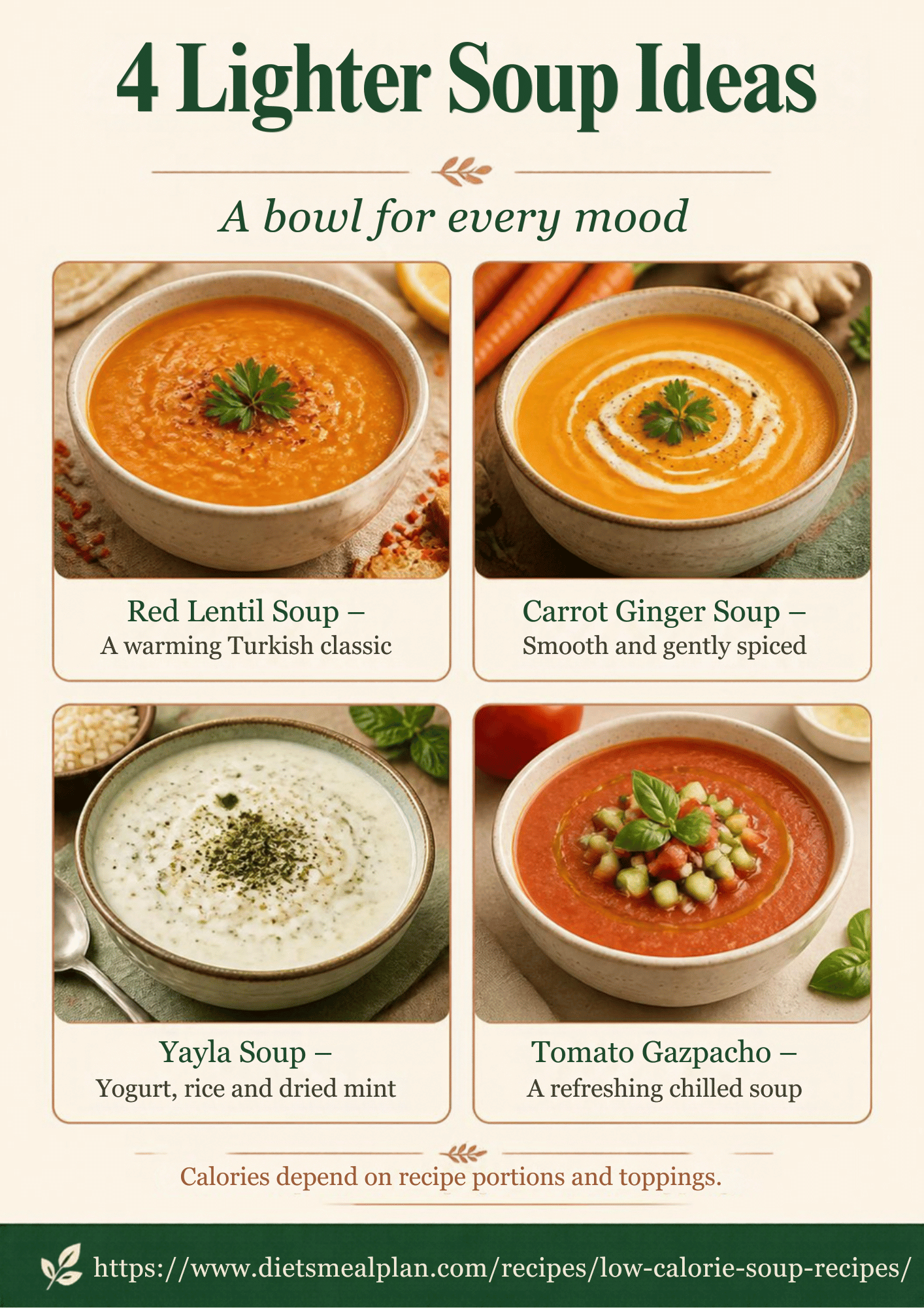 Four lighter soup ideas infographic: red lentil soup, carrot ginger soup, yayla yogurt and rice soup, and chilled tomato gazpacho, each shown in a bowl with a one-line description