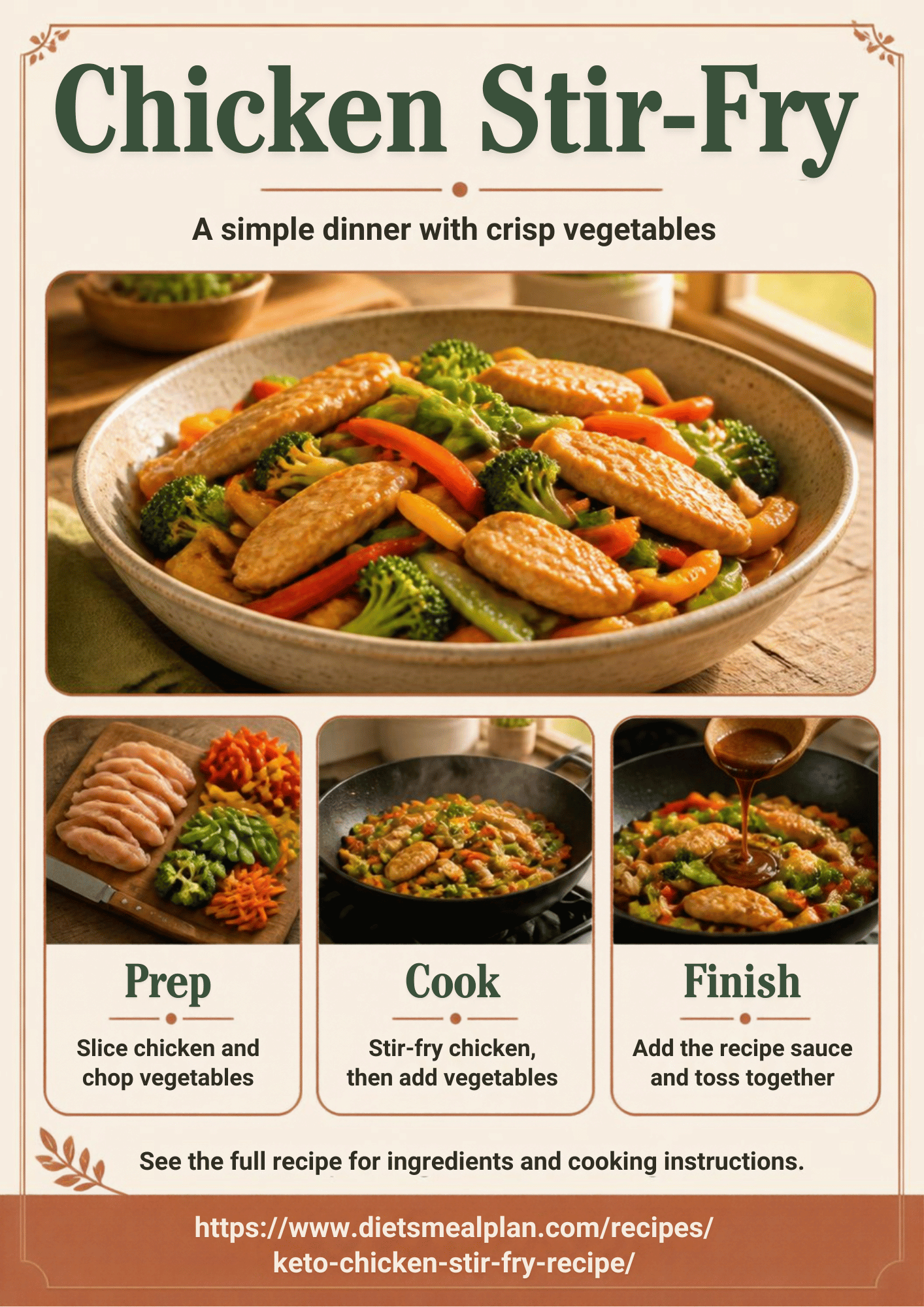 Chicken stir fry infographic: a bowl of sliced chicken with broccoli, red and orange peppers and carrots, with the three steps, slice the chicken and chop the vegetables, stir fry the chicken then add the vegetables, and finish with the sauce