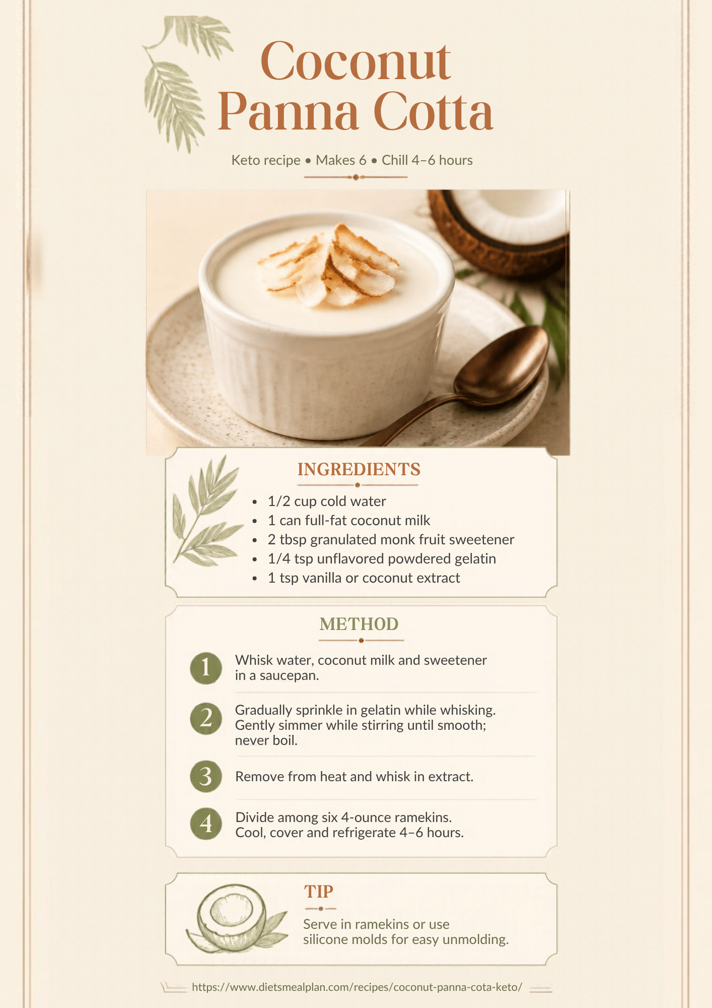 Coconut panna cotta infographic: a white ramekin of set coconut panna cotta topped with toasted coconut flakes, with four steps, whisk cold water, full fat coconut milk and monk fruit sweetener in a saucepan, sprinkle in gelatin while whisking and simmer without boiling until smooth, remove from the heat and whisk in vanilla or coconut extract, then divide among six ramekins and refrigerate four to six hours