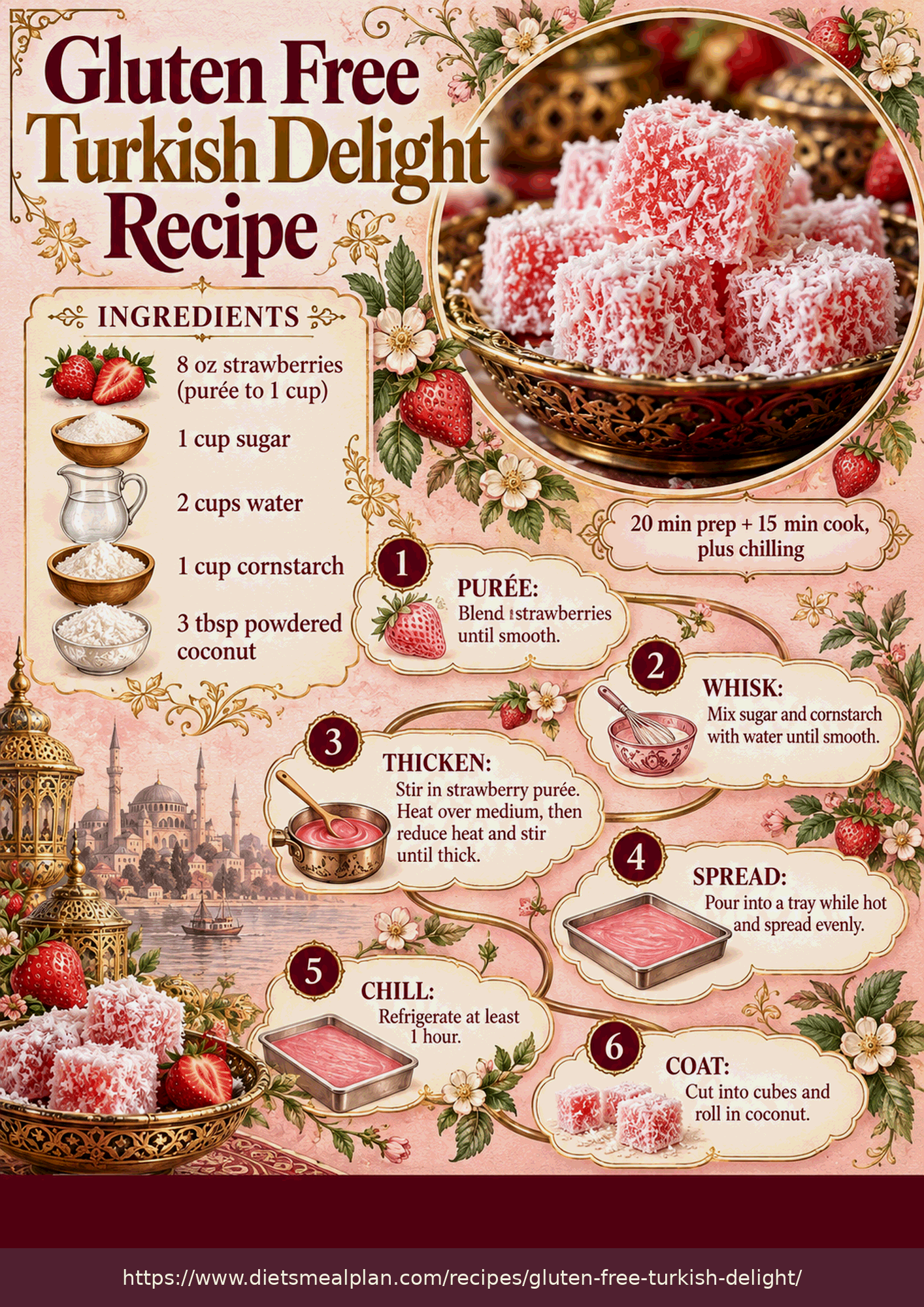 Gluten Free Turkish Delight Recipe (Only 141 Kcal) Gluten free Turkish delight infographic: pink strawberry Turkish delight cubes rolled in desiccated coconut piled in an ornate gold bowl, made from strawberries pureed to one cup, sugar, water, cornstarch and powdered coconut, with six steps, blend the strawberries until smooth, whisk the sugar and cornstarch into the water until smooth, stir in the puree and heat then reduce and stir until thick, pour hot into a tray and spread evenly, refrigerate at least one hour, then cut into cubes and roll in coconut