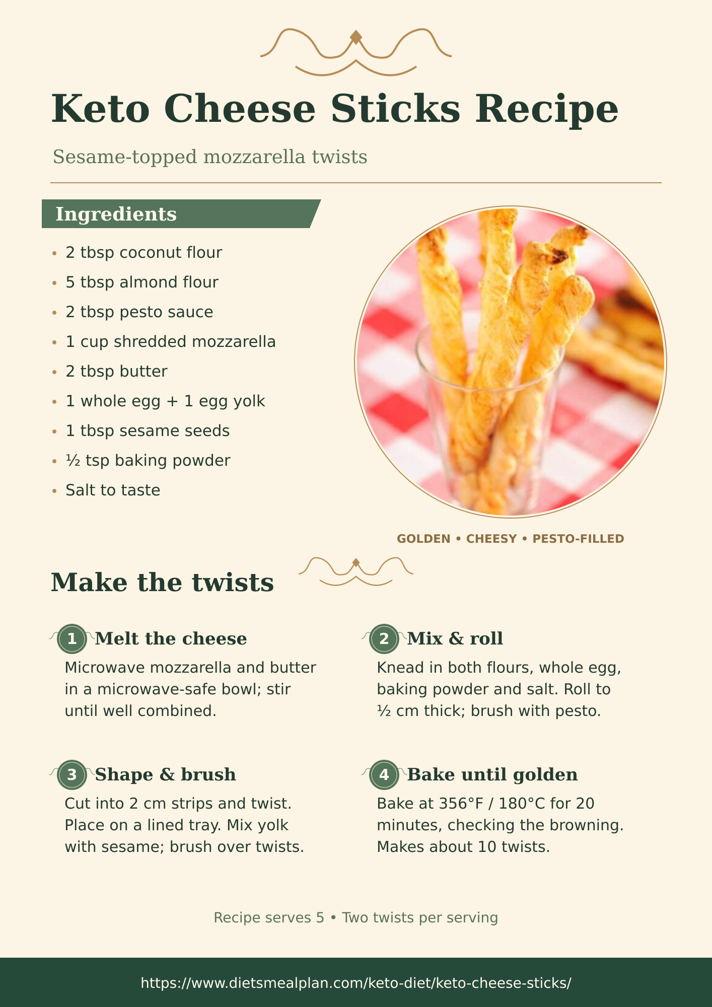 Keto cheese sticks infographic: golden twisted cheese straws standing in a glass, made from coconut flour, almond flour, pesto, shredded mozzarella, butter, a whole egg and a yolk, sesame seeds, baking powder and salt, with four steps, microwave the mozzarella and butter until combined, knead in both flours the egg baking powder and salt then roll out and brush with pesto, cut into strips and twist then brush with yolk and sesame, and bake at 180C for about 20 minutes to make around ten twists