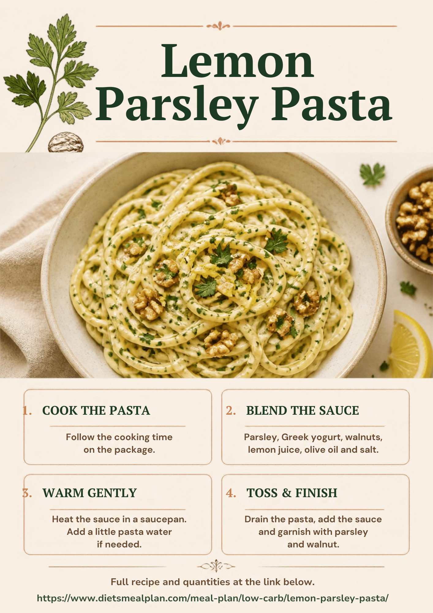 Lemon parsley pasta infographic: a bowl of pasta in a parsley and yogurt sauce topped with walnuts, with four steps, cook the pasta, blend parsley, Greek yogurt, walnuts, lemon juice and olive oil into a sauce, warm it gently with a little pasta water, and toss and garnish