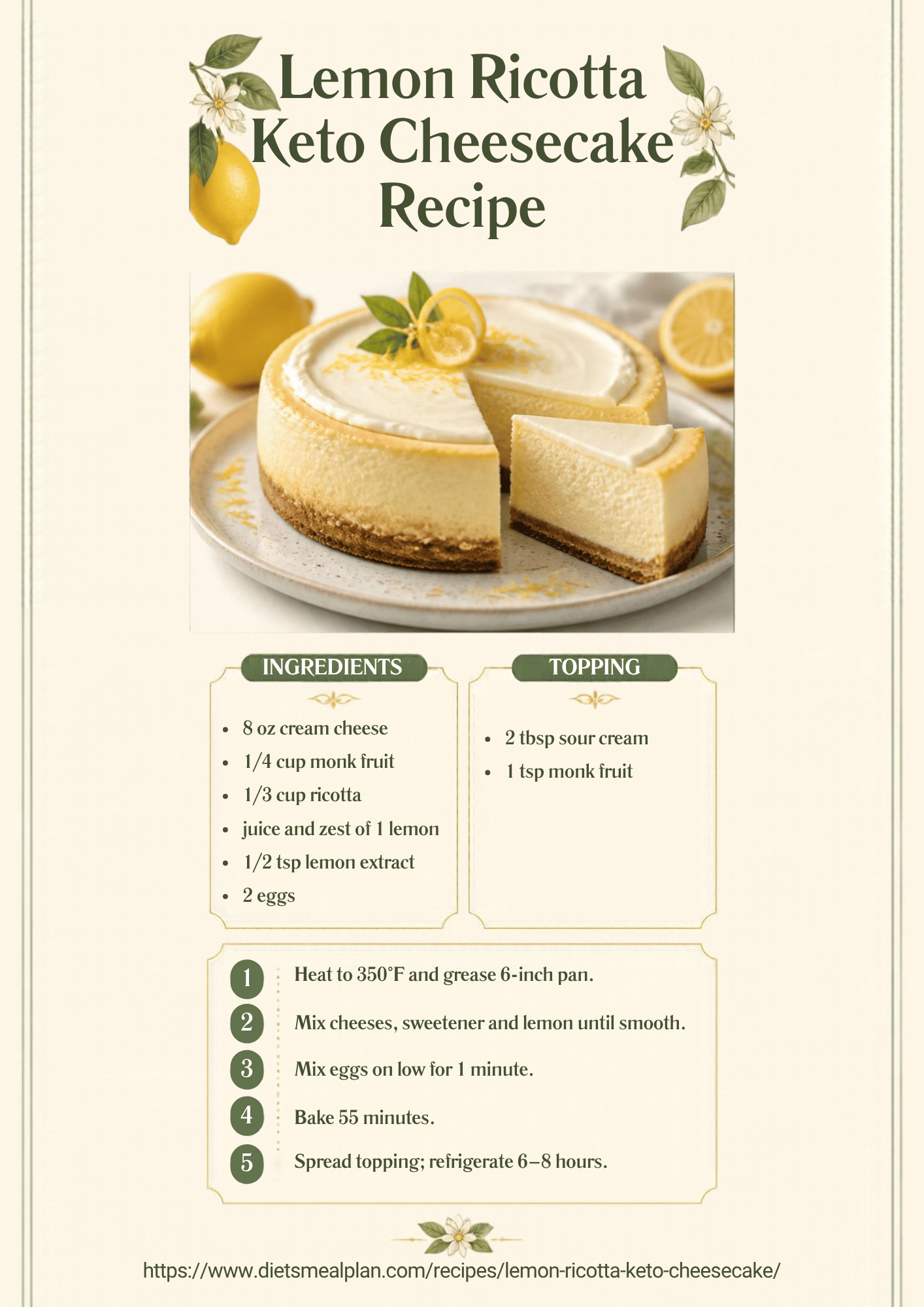 Lemon ricotta keto cheesecake infographic: a whole cheesecake with a sour cream top and lemon zest beside a cut slice, made from cream cheese, monk fruit, ricotta, lemon juice and zest, lemon extract and eggs, with five steps, heat to 350F and grease a six inch pan, mix the cheeses sweetener and lemon until smooth, mix in the eggs on low, bake 55 minutes, then spread the topping and refrigerate six to eight hours