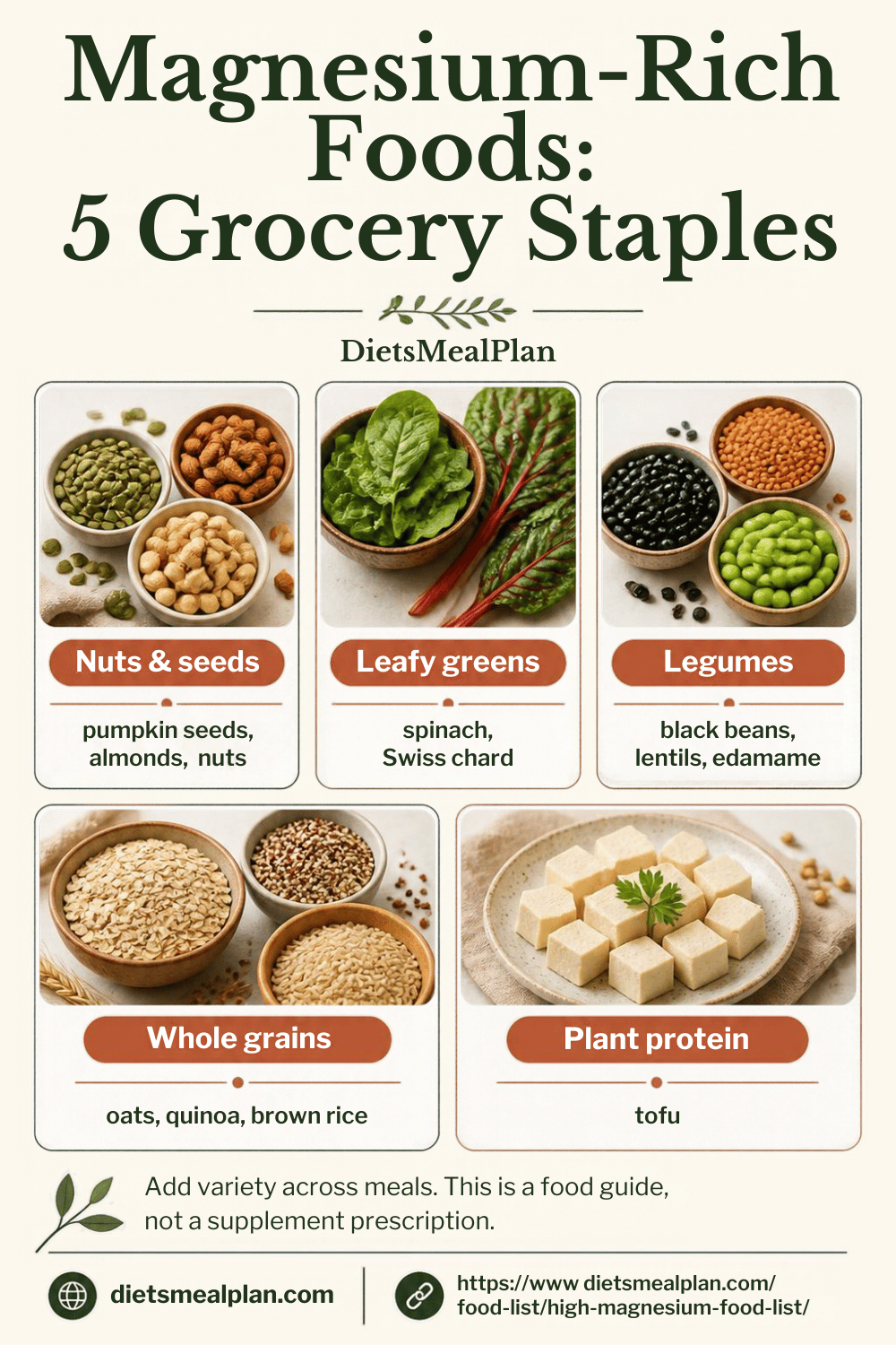 High magnesium food list infographic: magnesium-rich foods with milligrams per serving, from dark chocolate and spinach to nuts and seeds
