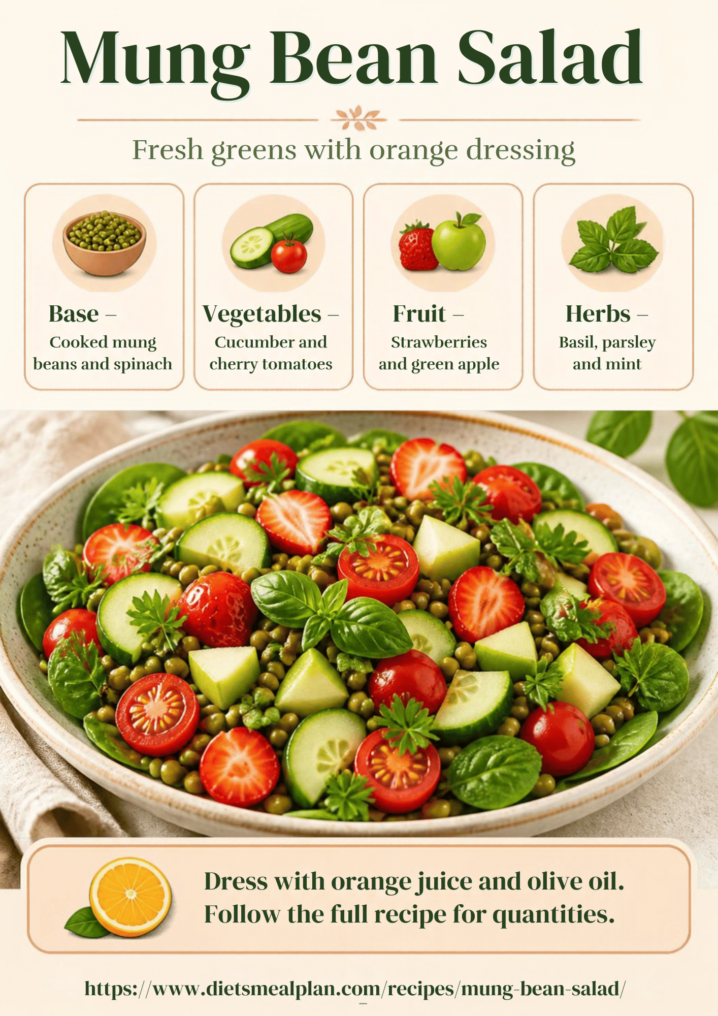 Mung bean salad infographic: a bowl of cooked mung beans with spinach, cucumber, cherry tomatoes, strawberries and green apple, with the four components and an orange juice and olive oil dressing