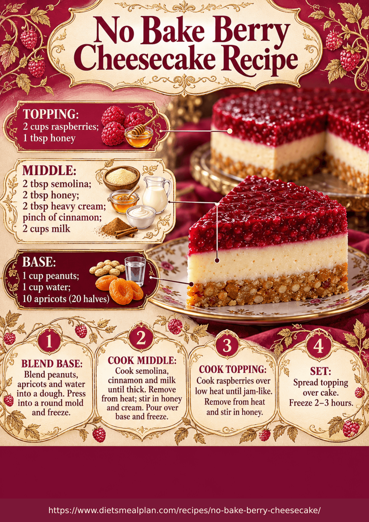 No bake berry cheesecake infographic: a slice of layered cheesecake with a nut and apricot base, a pale set middle and a thick raspberry topping, with a base of peanuts, water and apricots, a middle of semolina, honey, heavy cream, cinnamon and milk, and a topping of raspberries and honey, with four steps, blend the base into a dough and press into a mold then freeze, cook the semolina with cinnamon and milk until thick and stir in honey and cream then pour over the base and freeze, cook the raspberries until jam like and stir in honey, then spread over the cake and freeze two to three hours