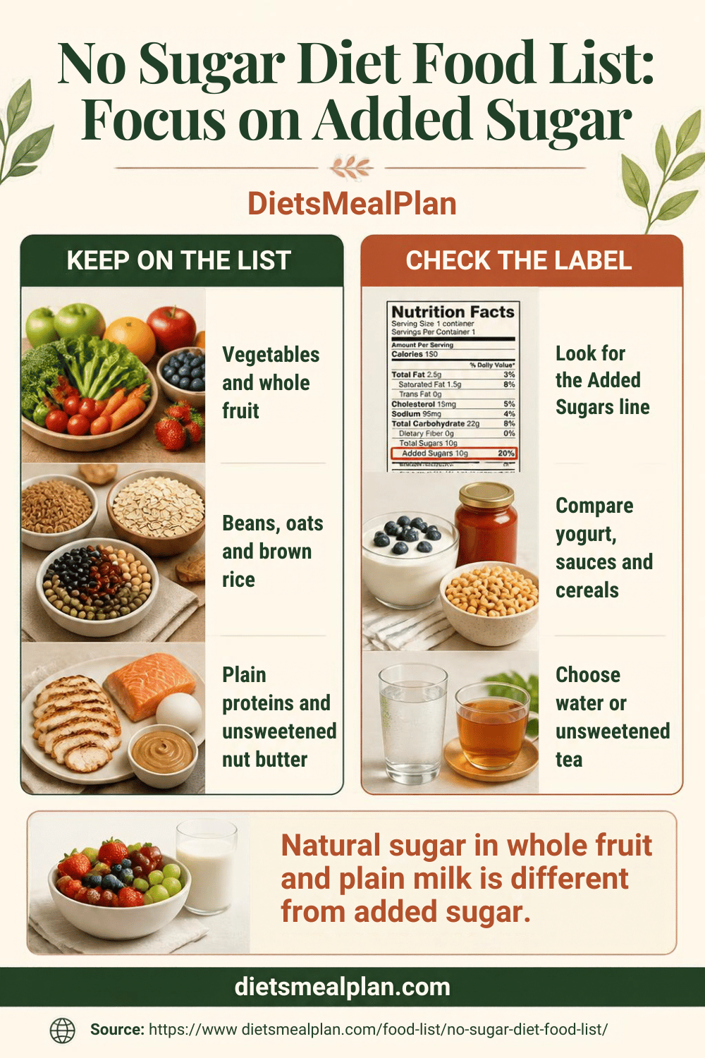 No sugar diet food list infographic: foods to include and added-sugar sources to avoid across vegetables, fruits, proteins and pantry items