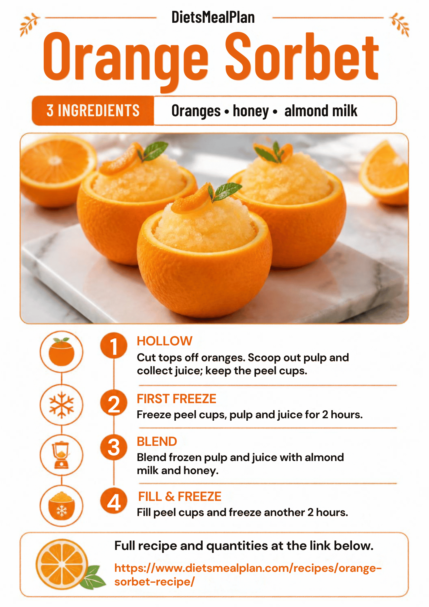 Orange sorbet infographic: hollowed orange halves filled with pale orange sorbet and topped with mint, made from three ingredients, oranges, honey and almond milk, with four steps, hollow the oranges and keep the peel cups, freeze the cups pulp and juice for two hours, blend the frozen pulp with almond milk and honey, then fill the cups and freeze again