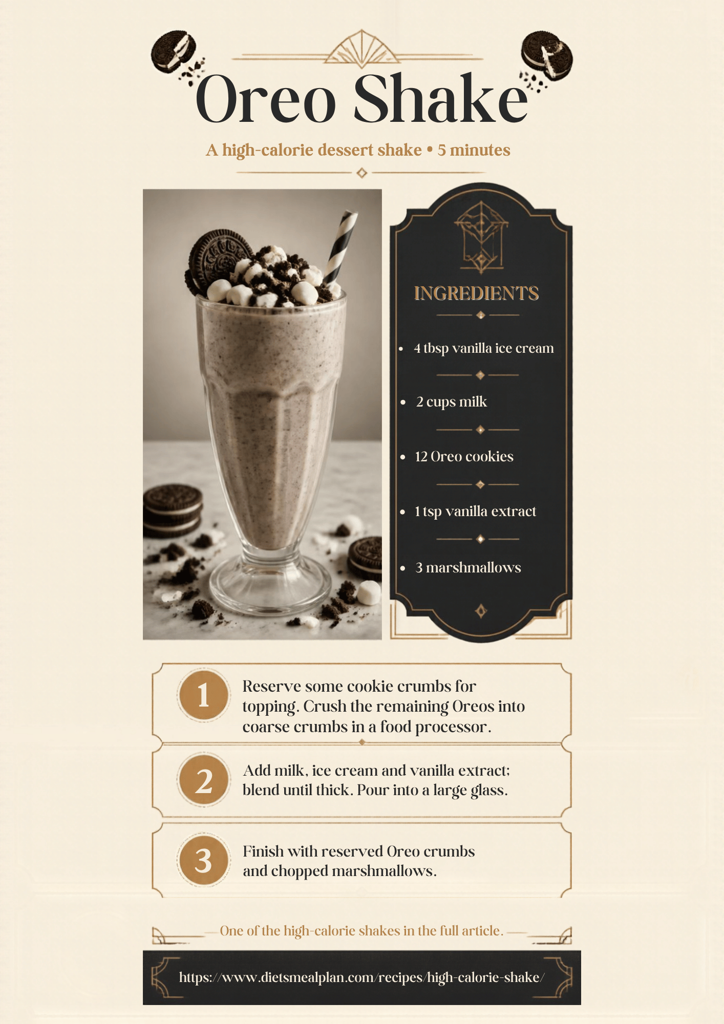 Oreo shake infographic: a tall glass of thick cookies and cream shake topped with crushed cookies, marshmallows and a striped straw, made from vanilla ice cream, milk, Oreo cookies, vanilla extract and marshmallows, with three steps, reserve some crumbs and crush the rest of the cookies, blend the milk, ice cream and vanilla until thick, then finish with the reserved crumbs and chopped marshmallows