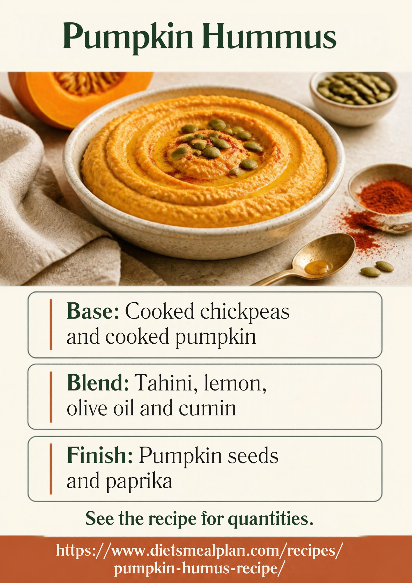 Pumpkin hummus infographic: a bowl of orange pumpkin hummus topped with pumpkin seeds and paprika, with a base of cooked chickpeas and cooked pumpkin, blended with tahini, lemon, olive oil and cumin, and finished with pumpkin seeds and paprika