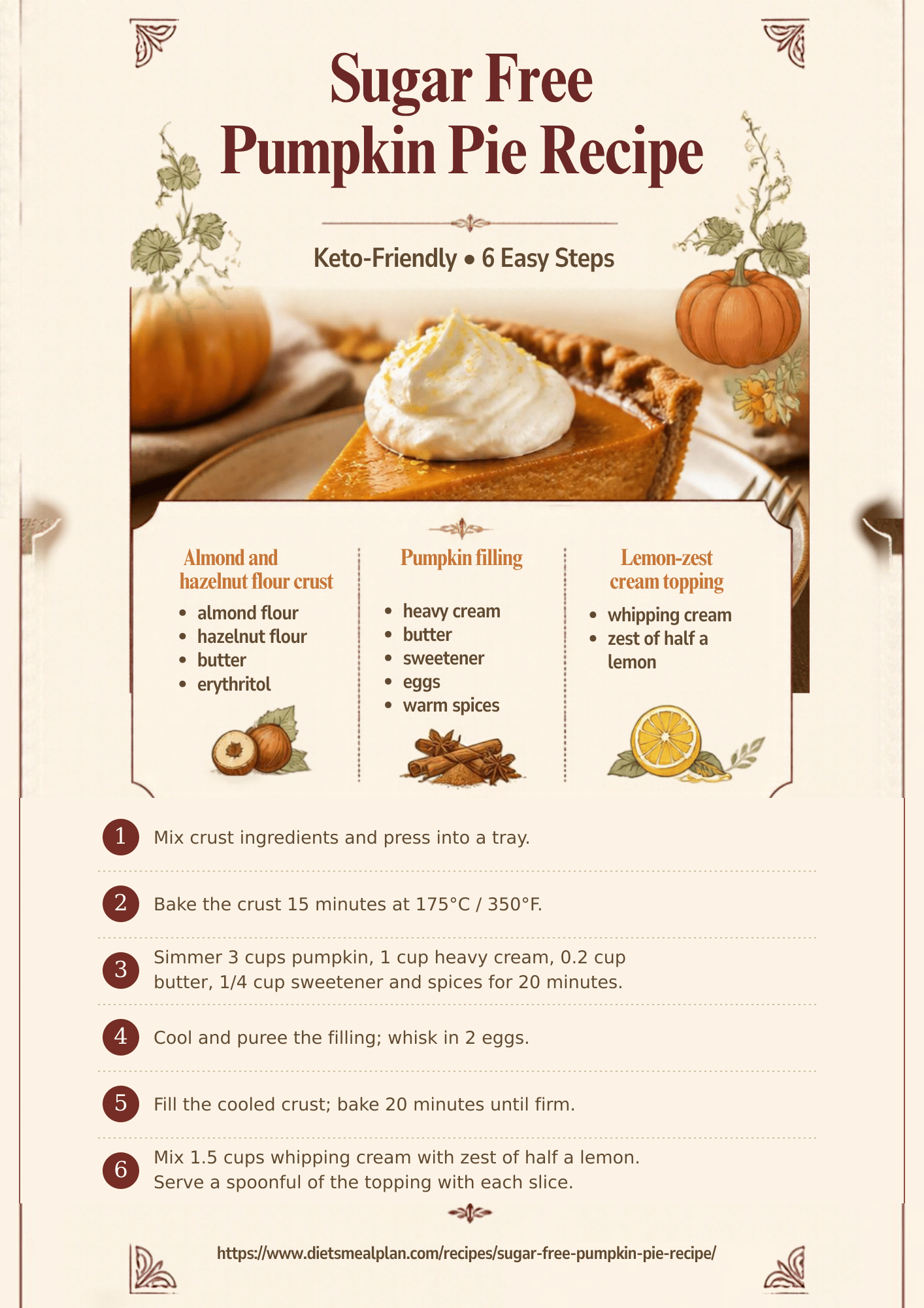 Keto-Friendly and Refined Sugar Free Pumpkin Pie Recipe Sugar free pumpkin pie infographic: a slice of pumpkin pie with a swirl of lemon zest cream, built from an almond and hazelnut flour crust, a pumpkin filling of heavy cream, butter, sweetener, eggs and warm spices, and a whipped lemon zest topping, with six steps from pressing and blind baking the crust to simmering and pureeing the filling and baking until firm
