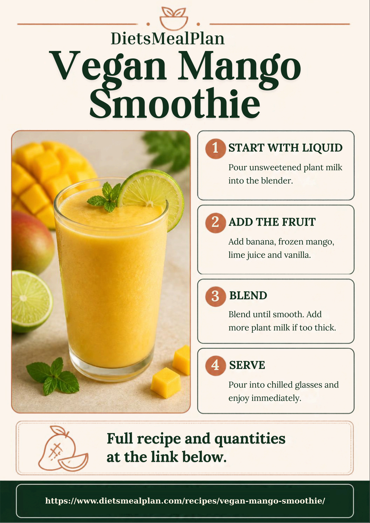 Vegan mango smoothie infographic: a tall glass of thick orange mango smoothie garnished with lime and mint beside fresh mango and limes, with four steps, pour unsweetened plant milk into the blender, add banana, frozen mango, lime juice and vanilla, blend until smooth adding more plant milk if it is too thick, then pour into chilled glasses and serve immediately