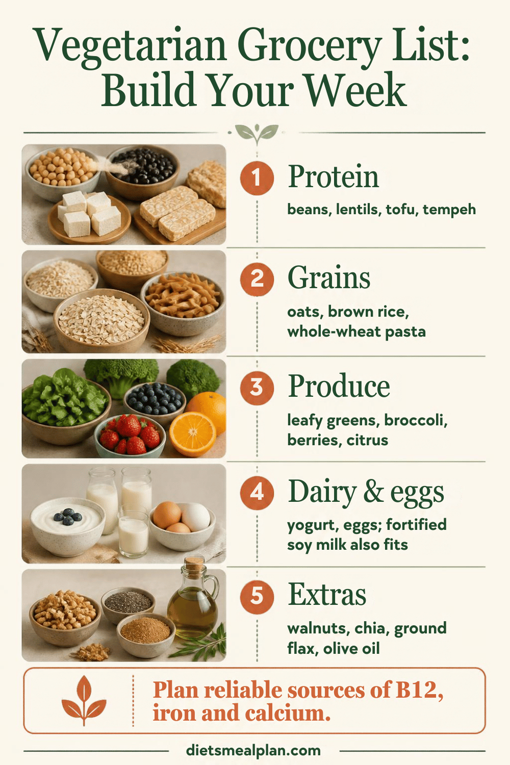 Vegetarian diet grocery list infographic: 88 foods across legumes, soy foods, whole grains, fruits and vegetables, with B12, iron and calcium sources