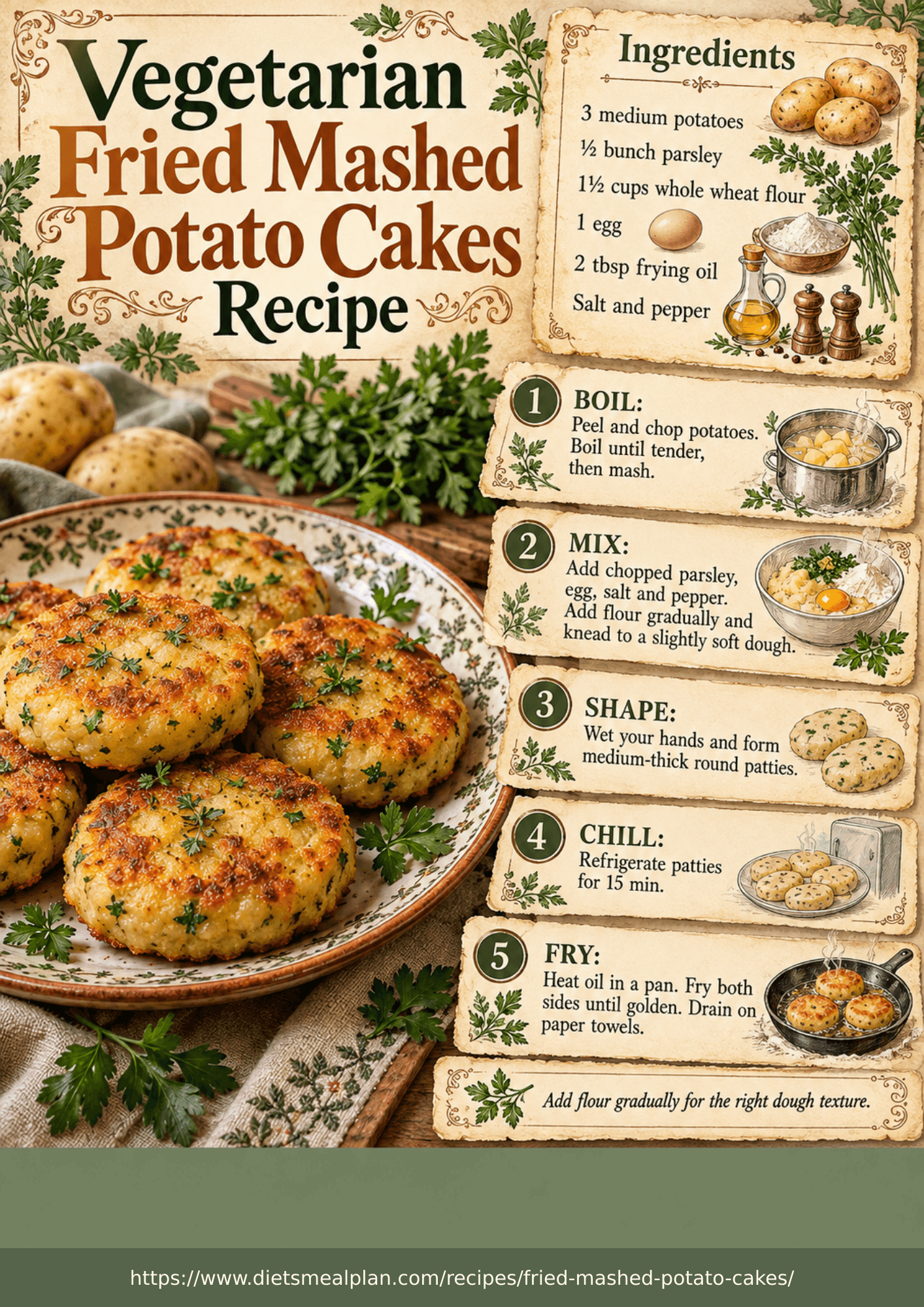 Vegetarian fried mashed potato cakes infographic: golden fried potato patties flecked with parsley on a patterned plate, made from three medium potatoes, parsley, whole wheat flour, an egg, frying oil, salt and pepper, with five steps, peel chop and boil the potatoes then mash, mix in chopped parsley egg salt and pepper and add flour gradually to a soft dough, wet your hands and form medium thick round patties, refrigerate fifteen minutes, then fry both sides until golden and drain