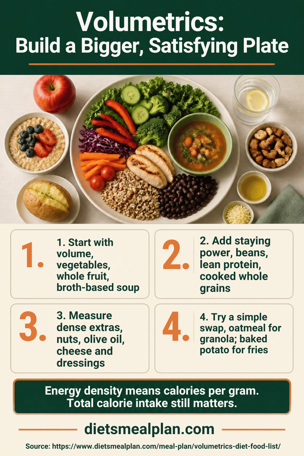 Volumetrics infographic: the four energy density categories, which foods to load the plate with and which to portion