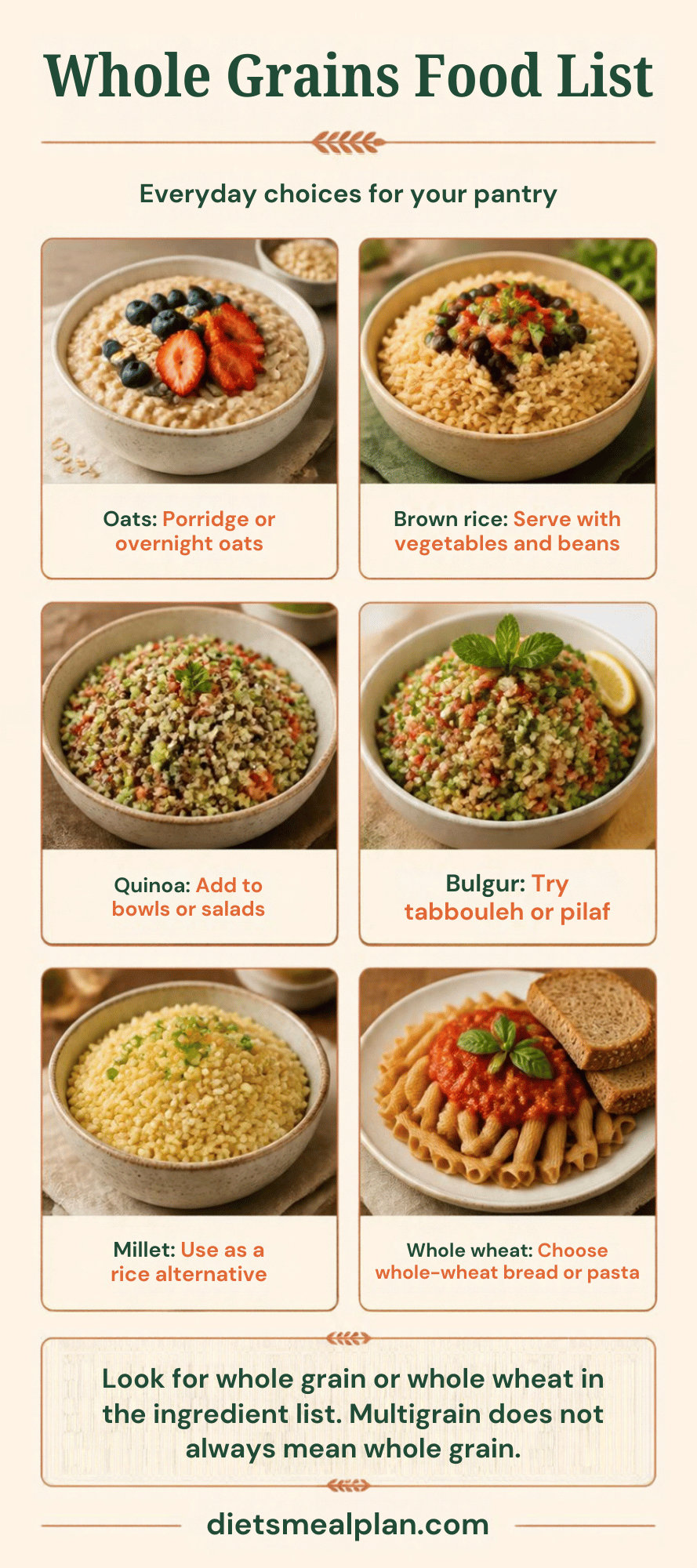 Whole grains food list infographic: what counts as a whole grain, how much to aim for per day and 18 grains worth rotating through